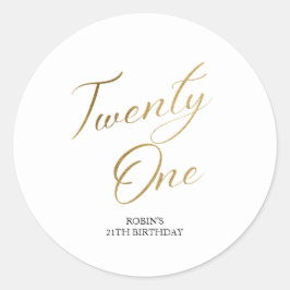 Minimalistisches Script weiß und Gold 21. Geburtst Runder Aufkleber