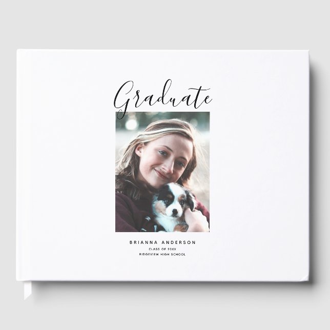 Minimalistisches Script White Foto Abschluss Gästebuch (Vorderseite)