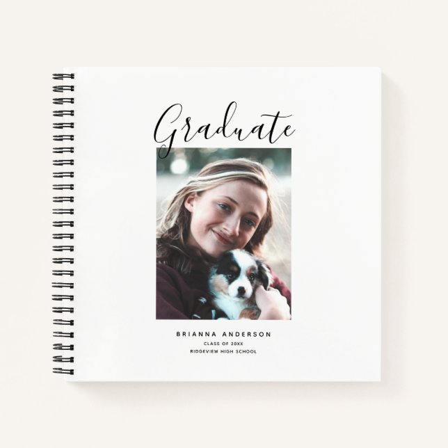 Minimalistisches Script White Foto Abschluss Notizbuch (Vorderseite)