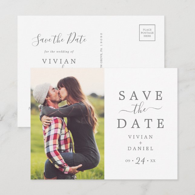 Minimalistisches Silber-Foto Save the Date Einladungspostkarte (Vorne/Hinten)