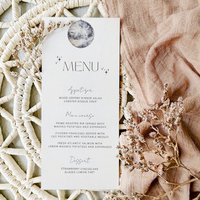 Minimalistisches "Silver Disco Ball Wedding Menu" Menükarte (Von Creator hochgeladen)
