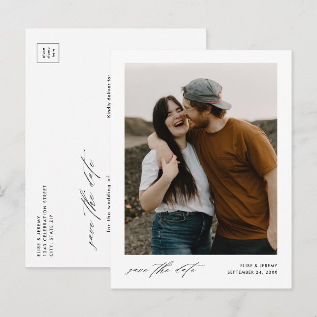 Minimalistisches Skript-Foto Hochzeit speichern Si Ankündigungspostkarte (Vorne/Hinten)