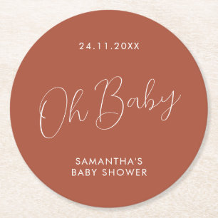 Minimalistisches Skript Terrakotta-Babyparty-Tag Runder Pappuntersetzer