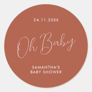 Minimalistisches Skript Terrakotta Oh Baby Shower Runder Aufkleber