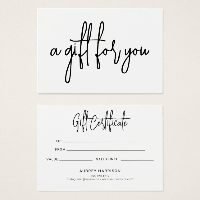 Minimalistisches Skriptweißes Geschenkzertifikat (Vorne & Hinten)