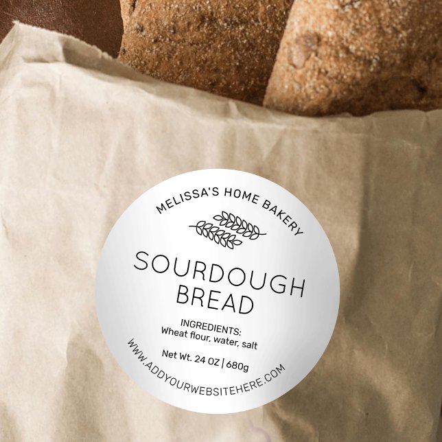 Minimalistisches Sourdough Bakery Brot Loaf Modern Runder Aufkleber (Modern black and white bread packaging label with wheat icon, stylish font and simple layout)