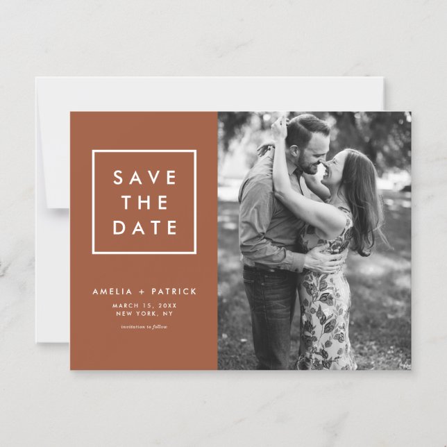 Minimalistisches Terracotta-Foto Save the Date Magneteinladung (Vorderseite)