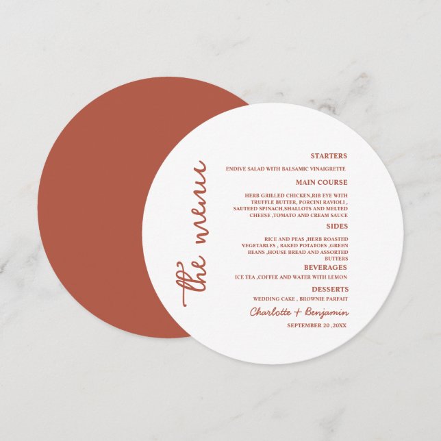 Minimalistisches Terracotta Round Wedding Menu Menükarte (Vorne/Hinten)