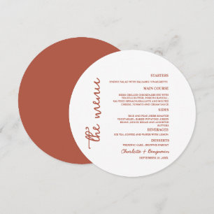 Minimalistisches Terrakotta-Rund-Hochzeitsmenü Menükarte