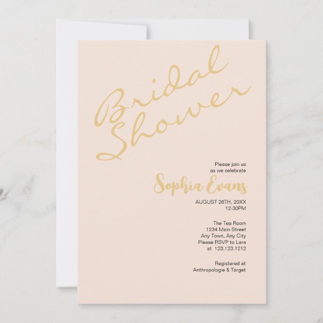Minimalistisches und einfaches Gold und Rosa Braut Einladung (Vorderseite)
