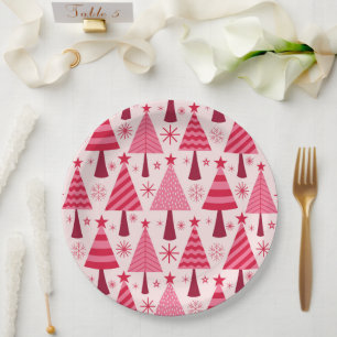Minimalistisches Weihnachtsbaum-Muster in Rosa und Pappteller