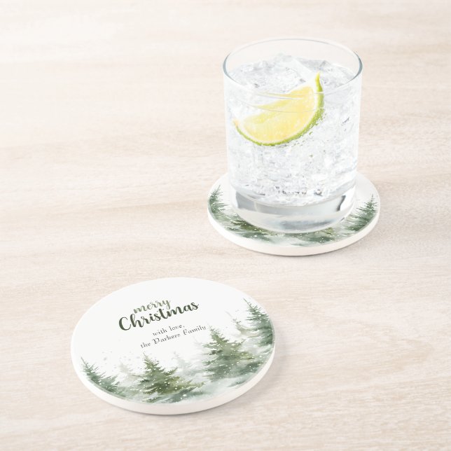 Minimalistisches Weihnachtsgebirge Evergreen Snow Getränkeuntersetzer (Seite)