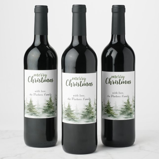 Minimalistisches Weihnachtsgebirge Evergreen Snow Weinetikett (Flaschen)