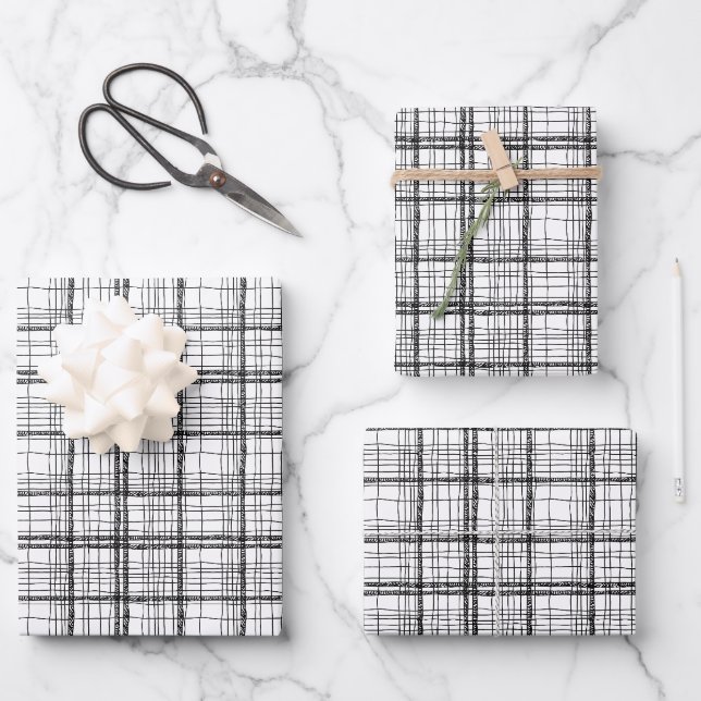 Minimalistisches Weihnachtsschwarz & Weiß Zeichnen Geschenkpapier Set (Vorderseite)