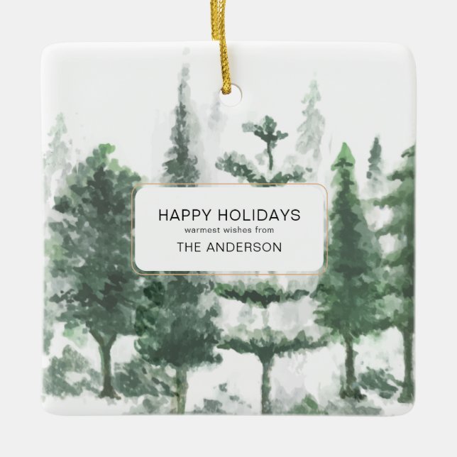Minimalistisches Weihnachtswasserwald-Foto Keramikornament (Vorderseite)