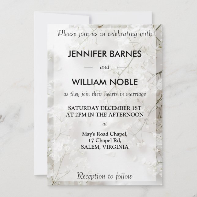 Minimalistisches weißes Gipskraut Moderne Hochzeit Einladung (Vorderseite)