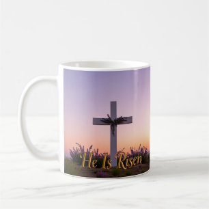 Minimalistisches weißes Kreuz mit Lavendel Kaffeetasse