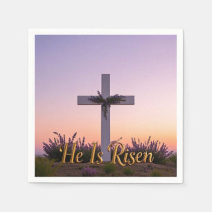 Minimalistisches weißes Kreuz mit Lavendel Serviette