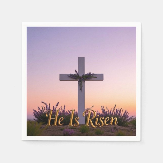 Minimalistisches weißes Kreuz mit Lavendel Serviette (Vorderseite)