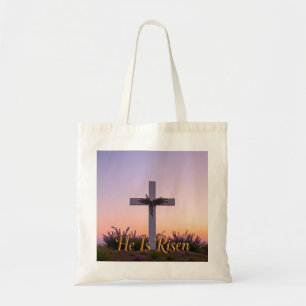 Minimalistisches weißes Kreuz mit Lavendel Tragetasche
