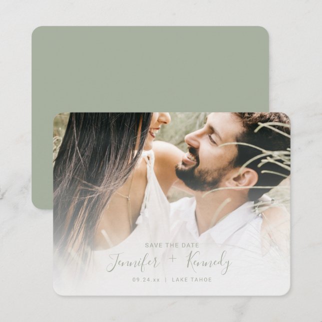 Minimalistisches Weißes Overlay-Skript und Foto Save The Date (Vorne/Hinten)