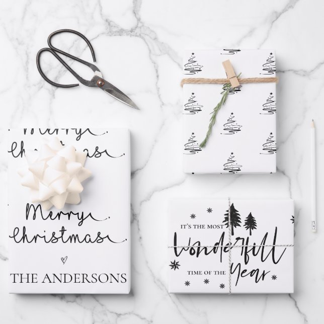 Minimalistisches weißes schwarzes Weihnachtsgesche Geschenkpapier Set (Vorderseite)