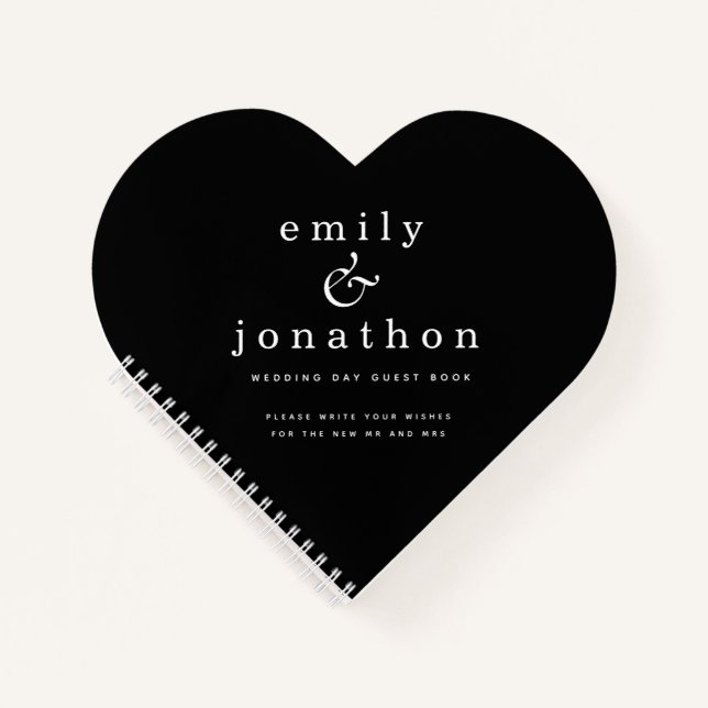 Minimalistisches White Black Wedding Heart Guest B Notizbuch (Vorderseite)