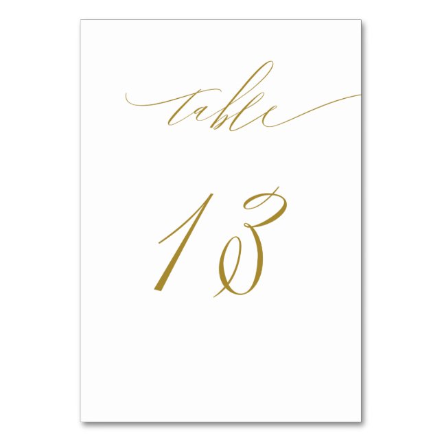 Minimalistisches White Gold Elegant Script 13 Wedd Tischnummer (Vorderseite)