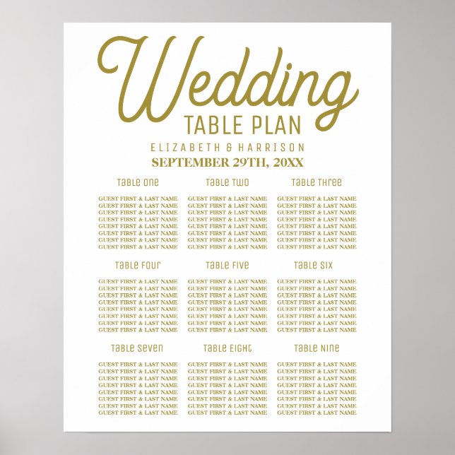 Minimalistisches White & Gold Seating Chart Poster (Vorne)