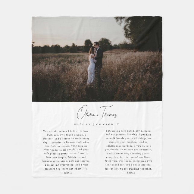Minimalistisches White Script-Hochzeitsvows-Foto Fleecedecke (Vorderseite)