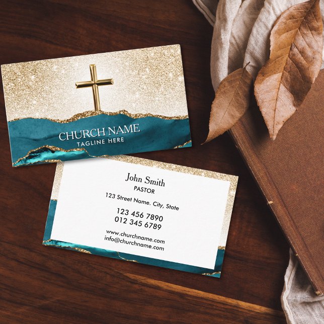 Ministerium Pfarrer Deacon Bischof Gold Cross Visitenkarte (gold cross with blue agate mountains and glitter gold sky church business cards for deacon, bishop, )