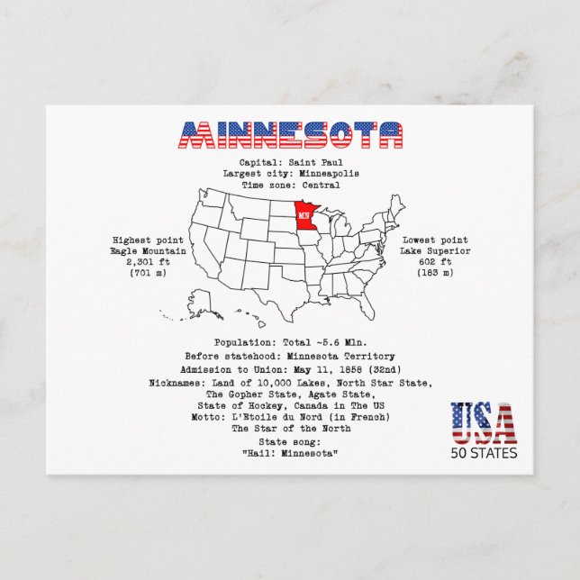 Minnesota état américain sur une carte et des info (Devant)