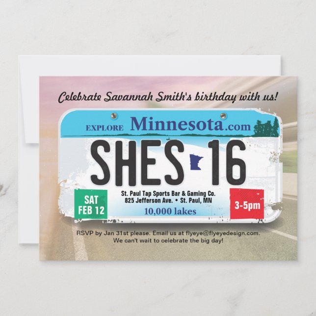Minnesota Lizenz für Mädchen zum 16. Geburtstag Einladung (Vorderseite)