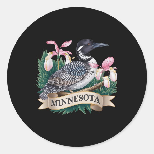Minnesota Loon Bird and Ladys Slippers Flow Runder Aufkleber (Vorderseite)