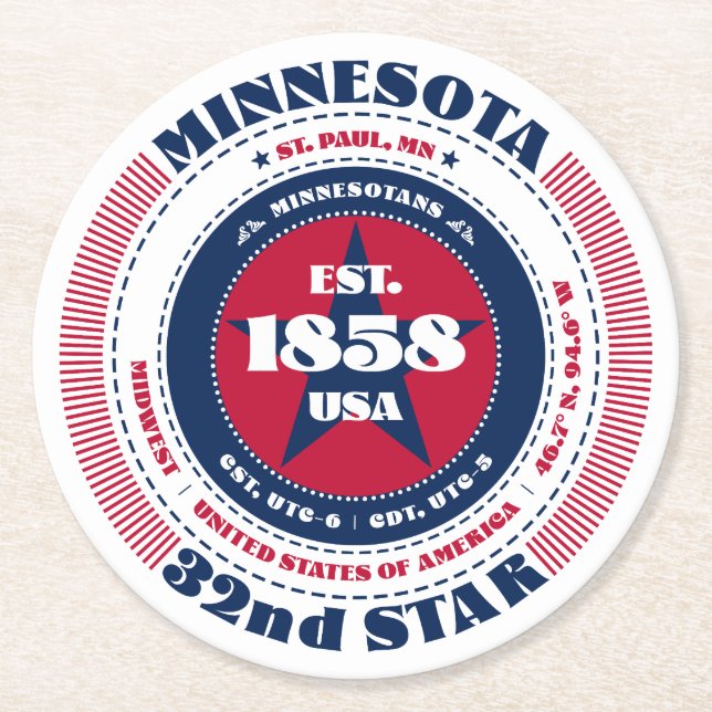 Minnesota Red White Blue Typografie Runder Pappuntersetzer (Vorderseite)