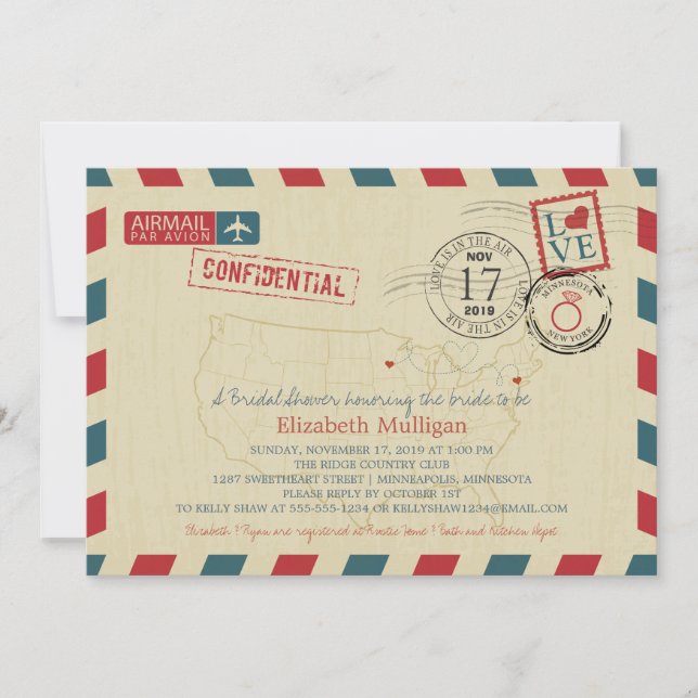 Minnesota und New York Airmail | Brautparty Einladung (Vorderseite)