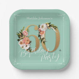 Mint 60. Geburtstag Gold Text Floral Hübsch Custom Pappteller