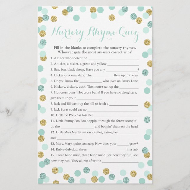 Mint and Gold Baby Dusche Kinderzimmer Rhyme Quiz (Vorderseite)