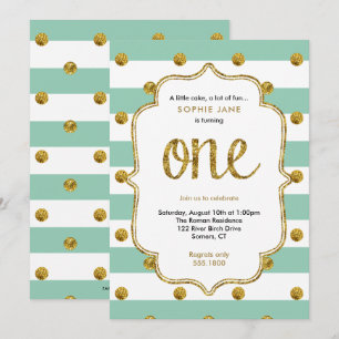 Mint and Gold Erstgeburtstag Glitzer Einladung