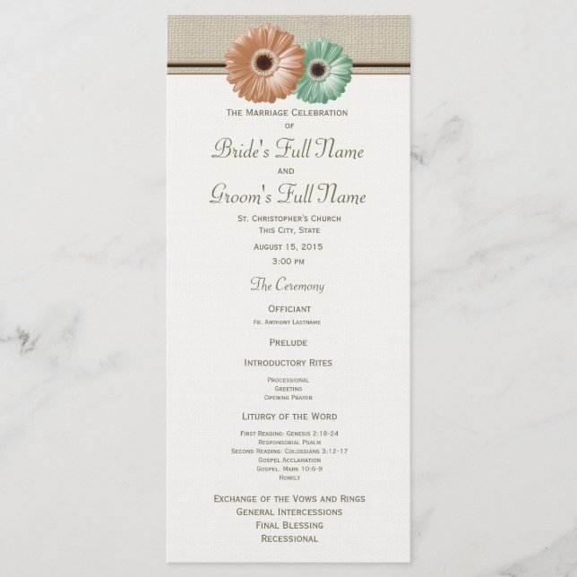 Mint and Peach Gerbera Daisy Wedding Program Programm (Vorderseite)