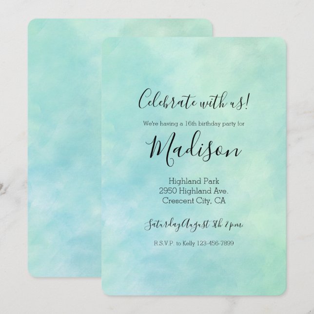 Mint Aqua Blue Gefärbte Krawatte Wasserfarbe Einladung (Vorne/Hinten)