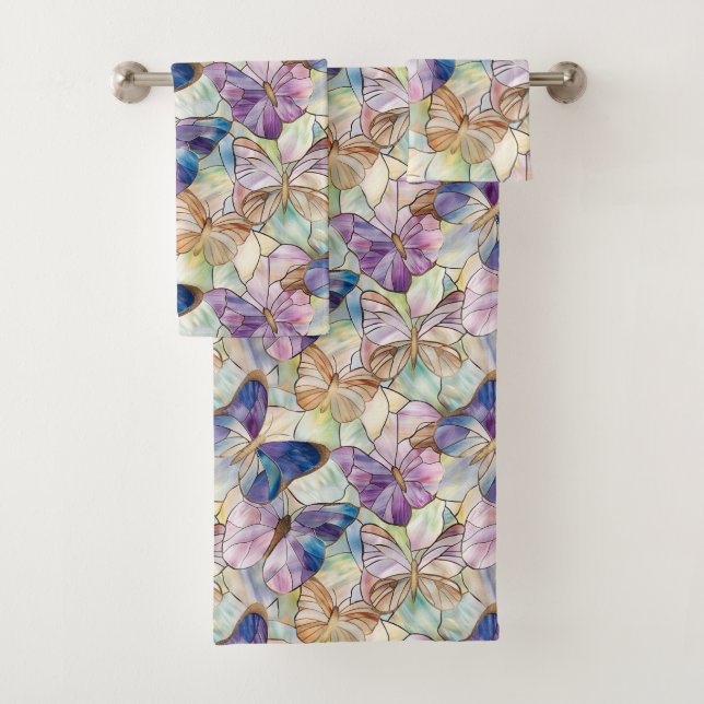 Mint Aqua Blue Lila Schmetterlinge Badhandtuch Set (Insitu)