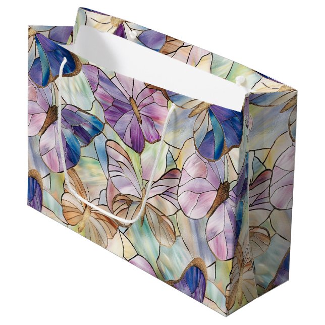 Mint Aqua Blue Lila Schmetterlinge Große Geschenktüte (Vorderseite Schrägansicht)