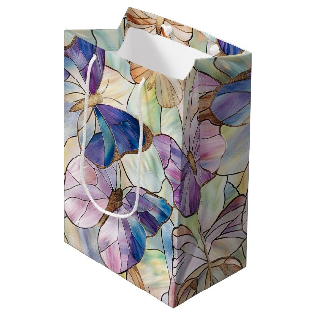 Mint Aqua Blue Lila Schmetterlinge Mittlere Geschenktüte (Vorderseite Schrägansicht)