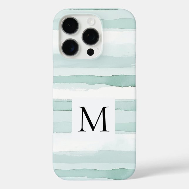 Mint Aqua Blue White Stripes Monogram  iPhone 16 Pro Hülle (Rückseite)