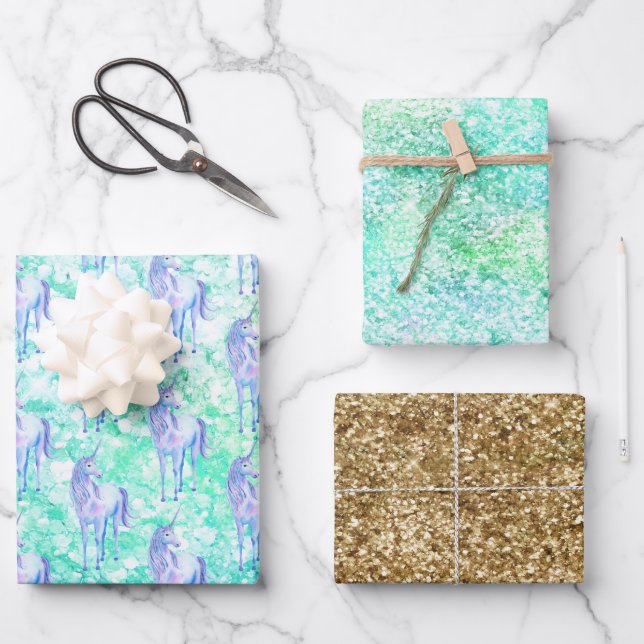 Mint Aqua Confetti Glitzer Unicorn Geschenkpapier Set (Vorderseite)