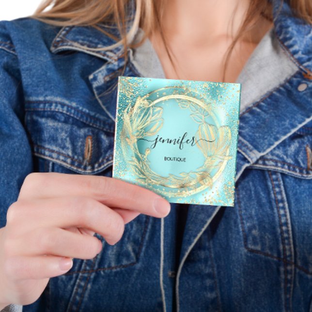 Mint Aqua Floral QRCode Logo Platz Beilage Schönhe Quadratische Visitenkarte (Von Creator hochgeladen)