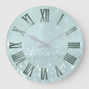Mint Aqua Glitter Gray Metallic Roman Numers Große Wanduhr