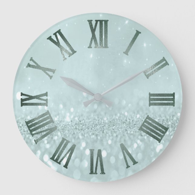 Mint Aqua Glitzer Gray Metallic römische Zahlen Große Wanduhr (Vorderseite)