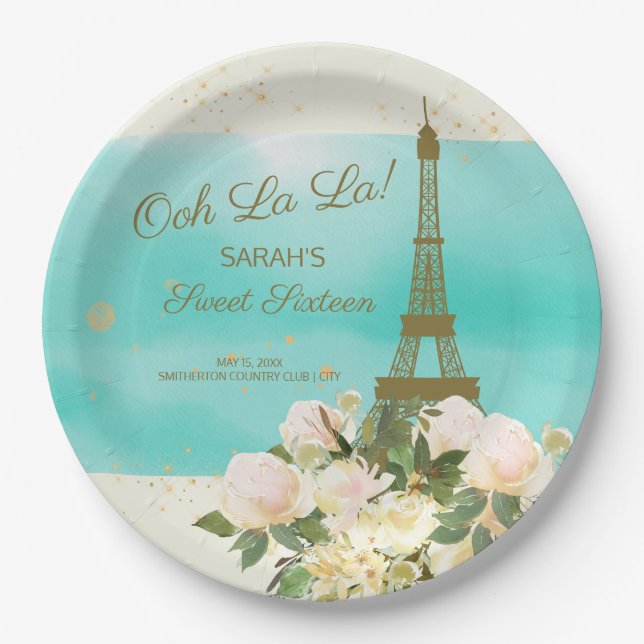 Mint Aqua Gold Eiffel Tower Paris Sweet 16 Pappteller (Vorderseite)